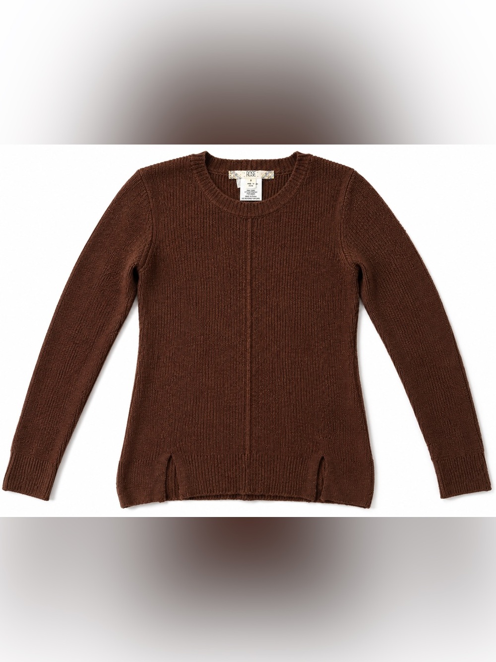 ROSE Brown Ribbed Knit Sweater Size 8 Long Sleeve Crew Neck Pullover